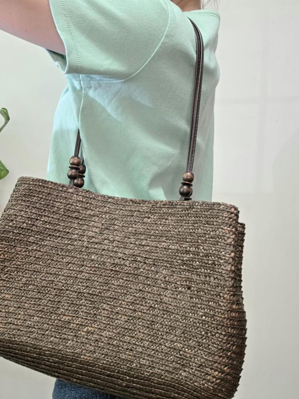 Brown woven straw bag with wooden beads Boho Cottage Western